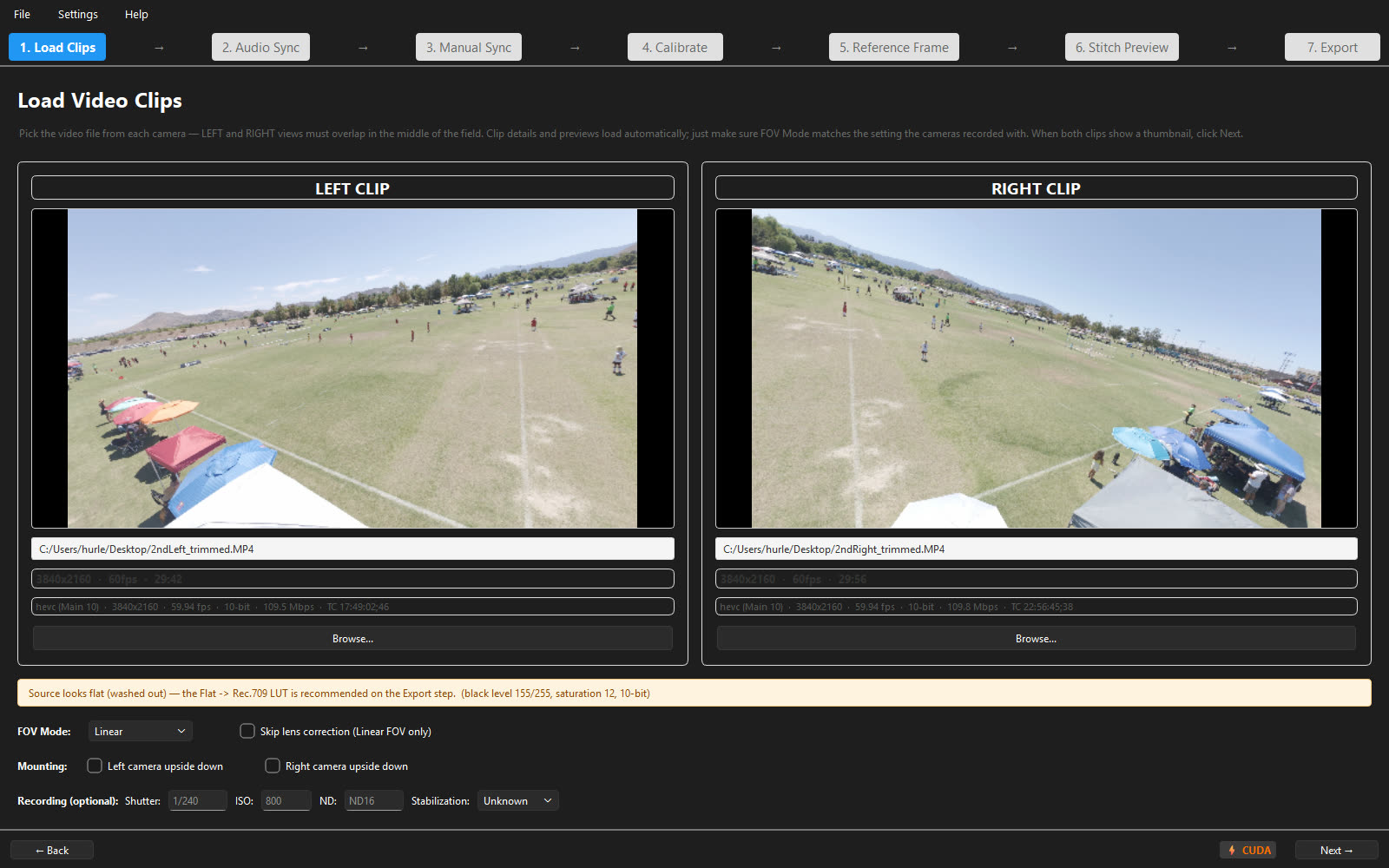 Load Clips step: two camera files loaded, with a metadata panel and a colour-profile recommendation