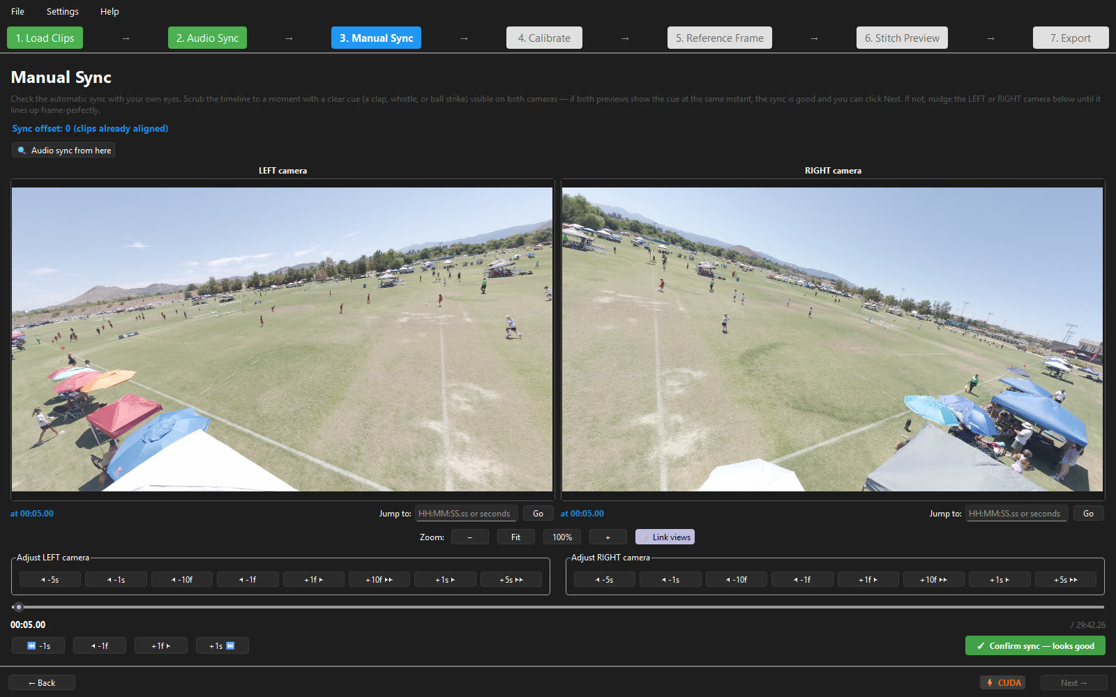 Manual Sync step: frame-by-frame nudge controls for fine-tuning the sync offset