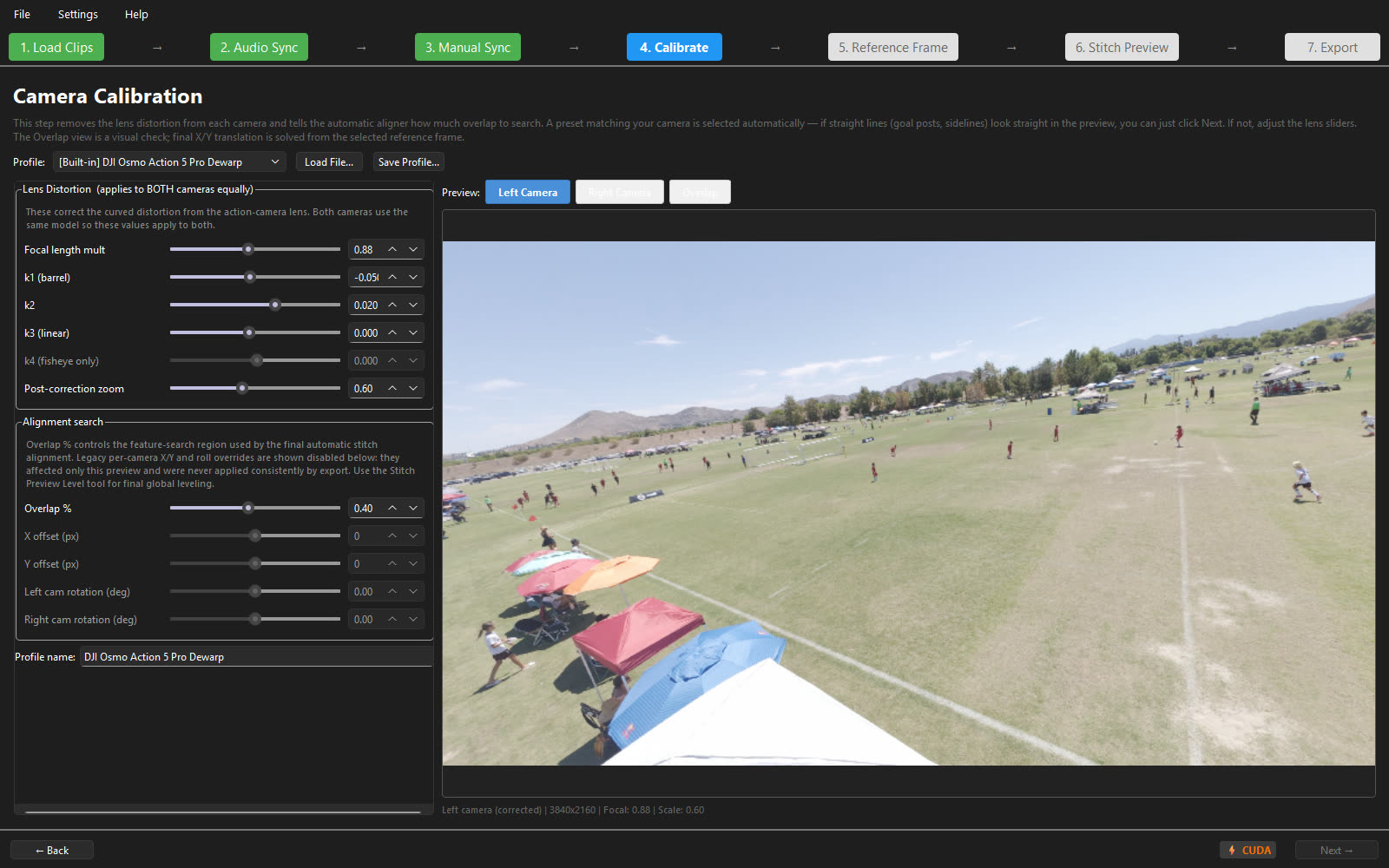 Calibrate step: lens profile selection with per-camera-model presets