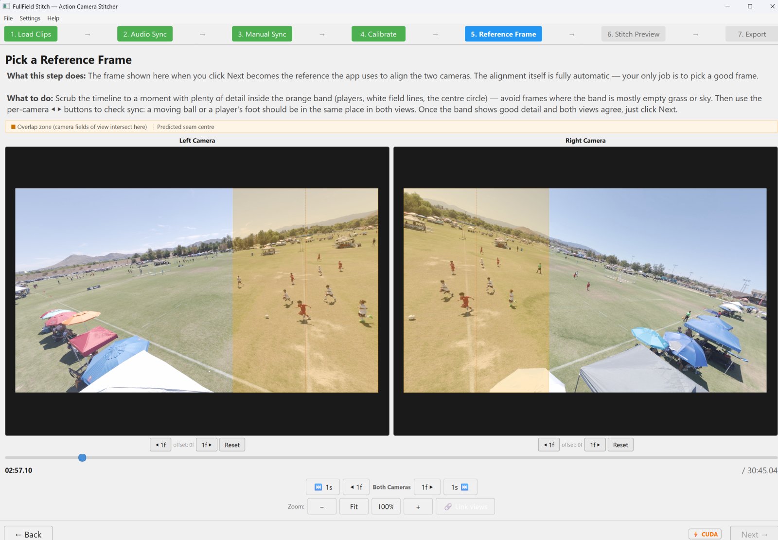 Reference Frame step: scrubbing to a frame with players in the camera overlap zone