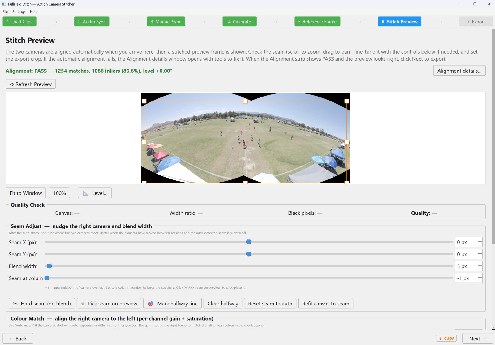 Stitch Preview step: automatic alignment with PASS/FAIL status strip, Level tool, and seam controls