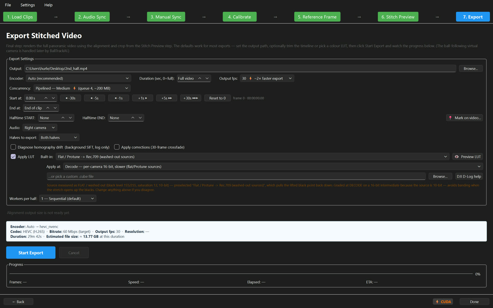 Export step: encoder selection, LUT recommendation, and worker count for the final render